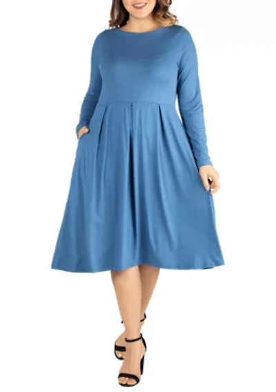 Plus Long Sleeve Fit and Flare Midi Dress