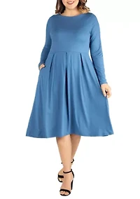 Plus Long Sleeve Fit and Flare Midi Dress