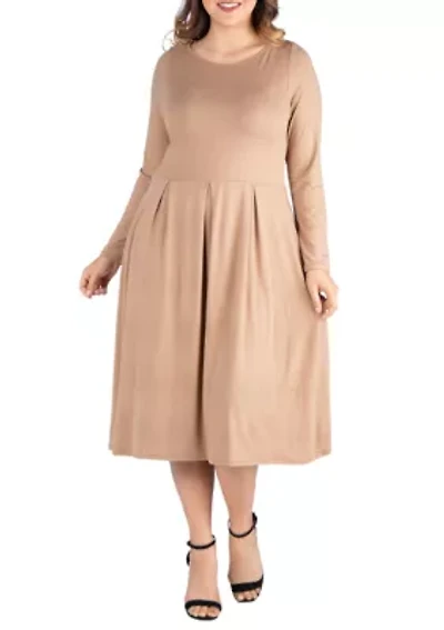 Plus Long Sleeve Fit and Flare Midi Dress