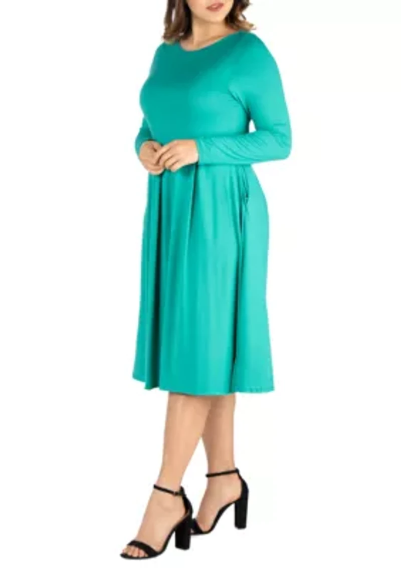 Plus Long Sleeve Fit and Flare Midi Dress