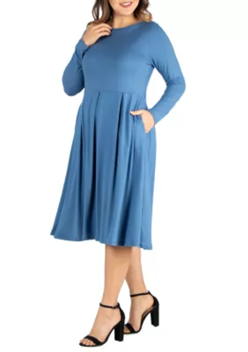 Plus Long Sleeve Fit and Flare Midi Dress