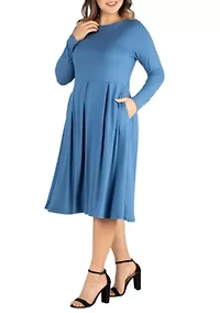 Plus Long Sleeve Fit and Flare Midi Dress