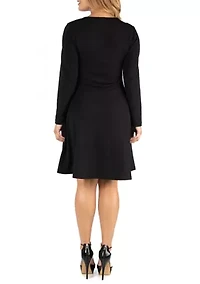 Plus Simple Long Sleeve Knee Length Flared Dress