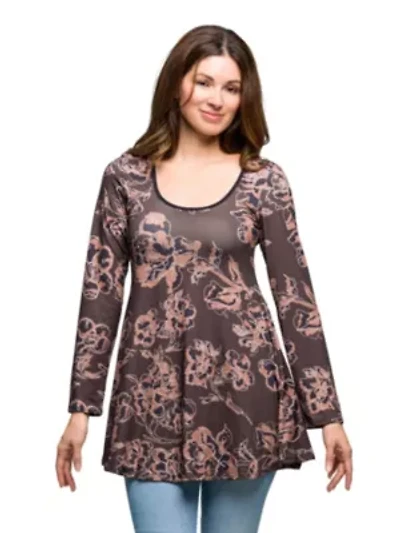 Womens Brown Floral Print Long Sleeve Tunic Top