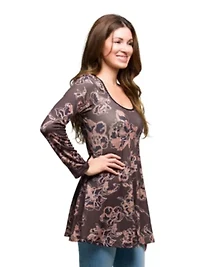 Womens Brown Floral Print Long Sleeve Tunic Top