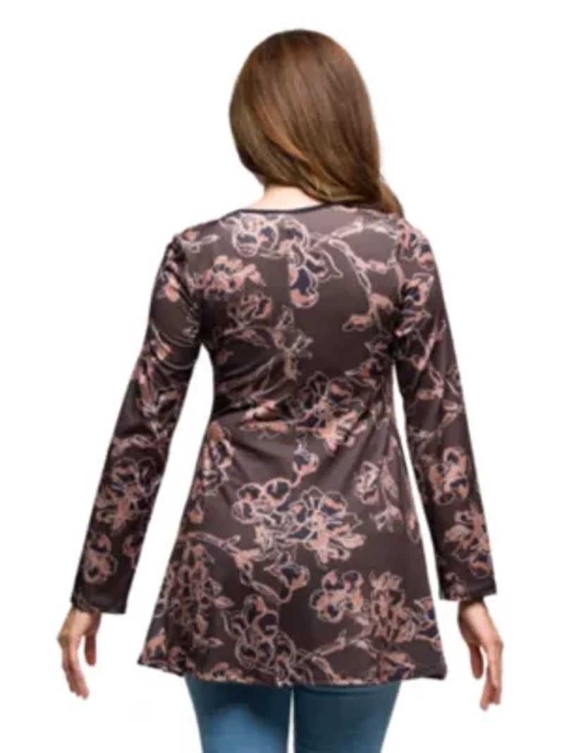 Womens Brown Floral Print Long Sleeve Tunic Top