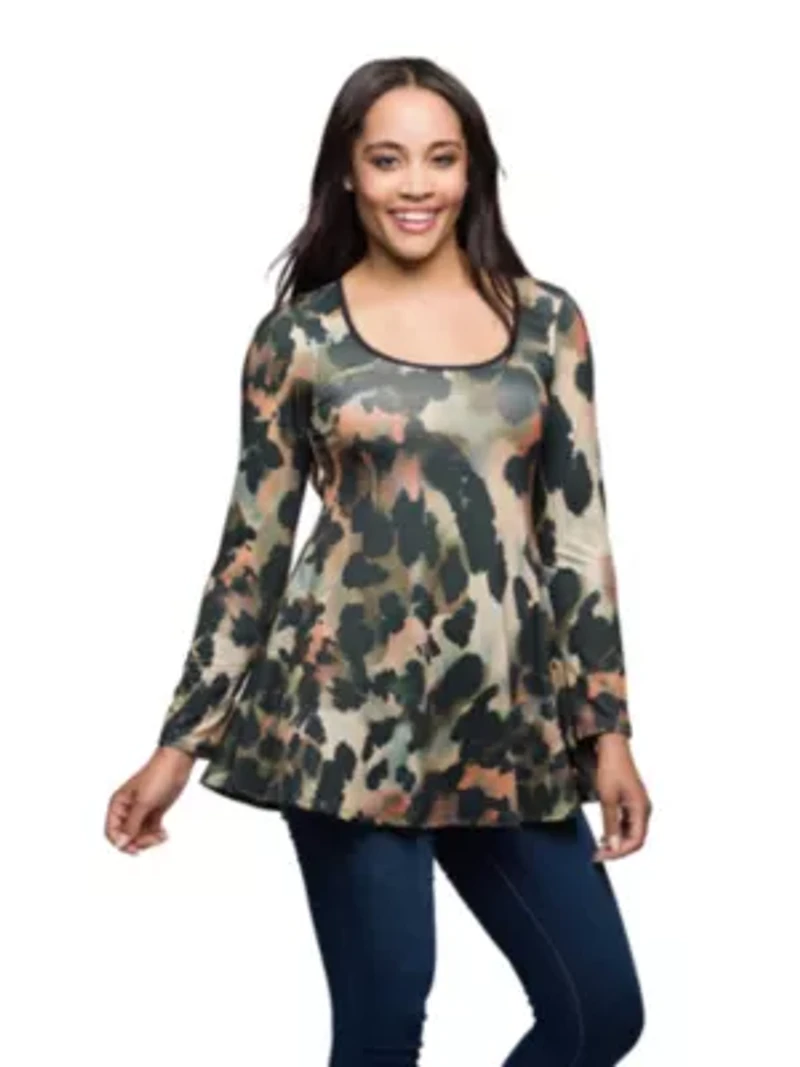 Womens Multiprint Long Sleeve Scoop Neck A Line Top