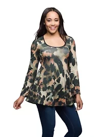 Womens Multiprint Long Sleeve Scoop Neck A Line Top