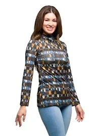 Womens Mock Neck Long Sleeve Printed Top