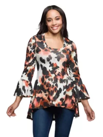 Womens Scoop Neck Bell Sleeve Tunic Top Animal Print