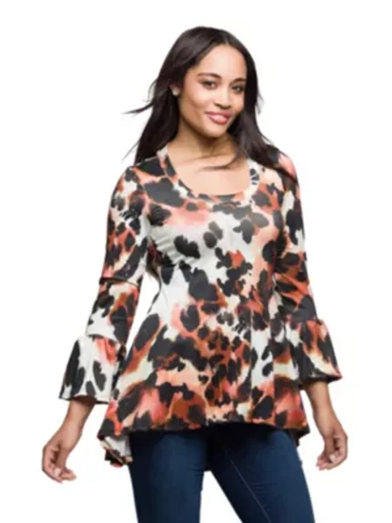 Womens Scoop Neck Bell Sleeve Tunic Top Animal Print