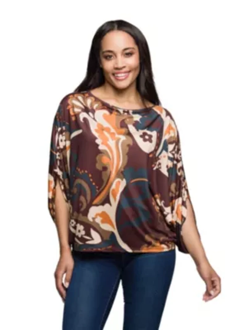 Womens Brown Paisley Print Dolman Sleeve Top