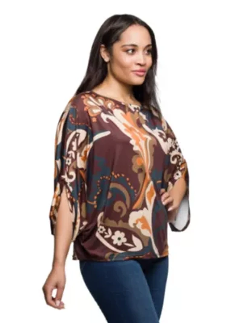 Womens Brown Paisley Print Dolman Sleeve Top