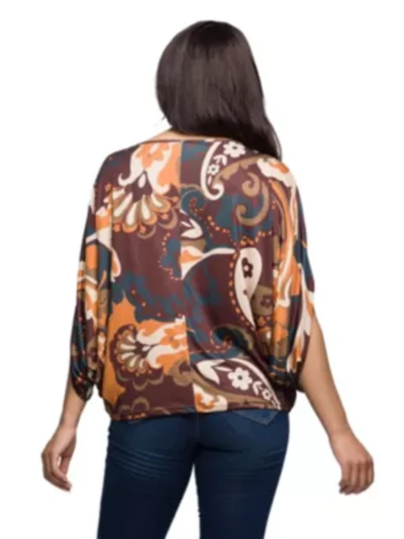 Womens Brown Paisley Print Dolman Sleeve Top