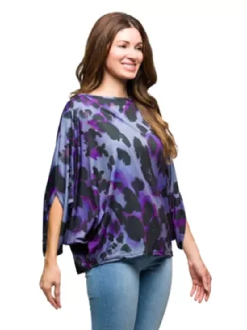 Womens Purple Animal Print Boat Neck Dolman Sleeve Top