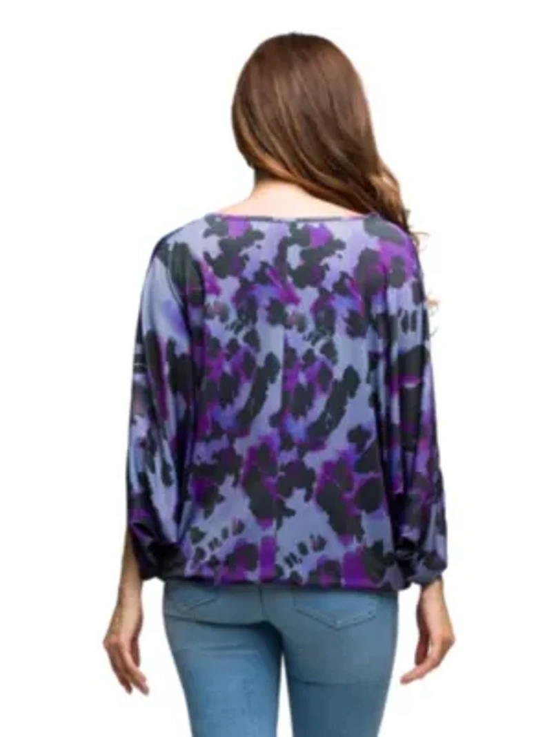 Womens Purple Animal Print Boat Neck Dolman Sleeve Top