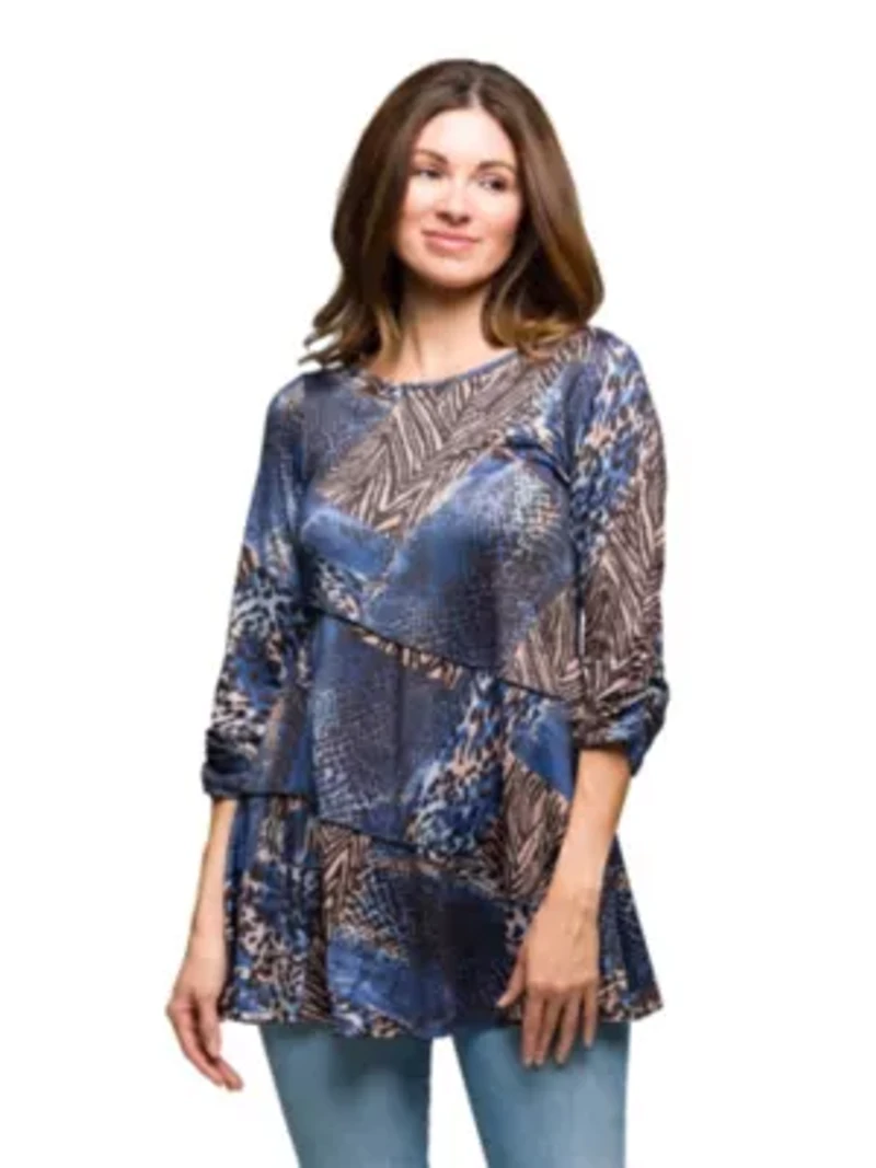 Womens Three Quarter Sleeve Tunic Top Blue Animal Print