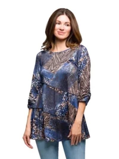 Womens Three Quarter Sleeve Tunic Top Blue Animal Print