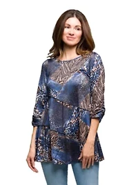 Womens Three Quarter Sleeve Tunic Top Blue Animal Print