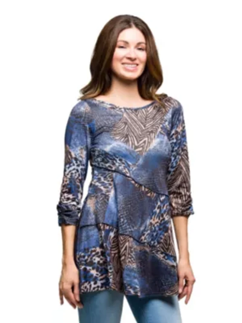 Womens Three Quarter Sleeve Tunic Top Blue Animal Print
