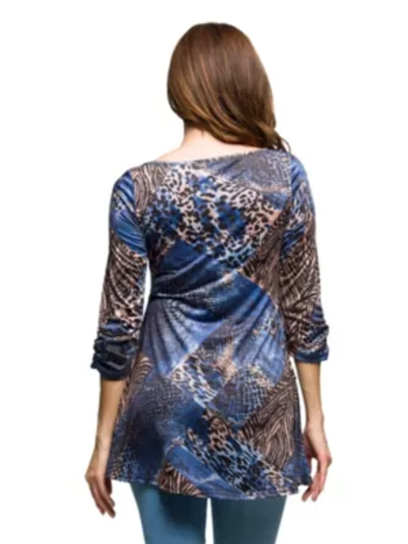 Womens Three Quarter Sleeve Tunic Top Blue Animal Print