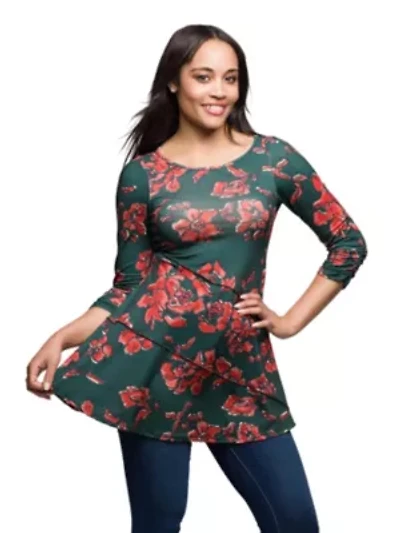 Womens Green Floral Print Three Quarter Sleeve Tunic Top