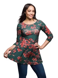 Womens Green Floral Print Three Quarter Sleeve Tunic Top