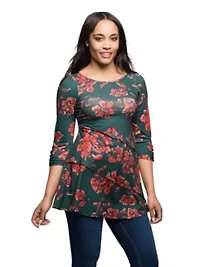 Womens Green Floral Print Three Quarter Sleeve Tunic Top