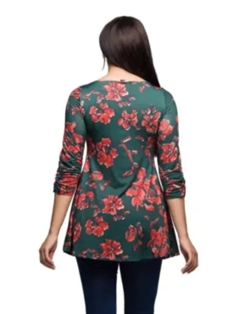 Womens Green Floral Print Three Quarter Sleeve Tunic Top