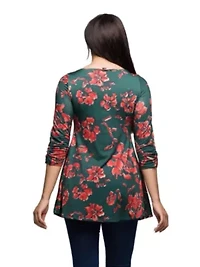 Womens Green Floral Print Three Quarter Sleeve Tunic Top