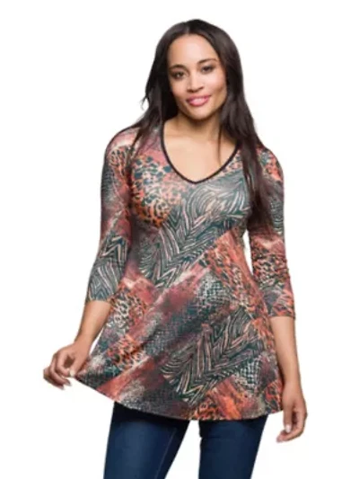 Womens Animal Print V Neck Three Quarter Sleeve Tunic Top