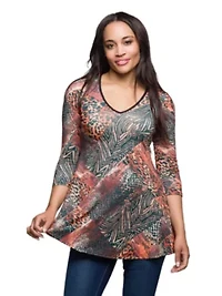 Womens Animal Print V Neck Three Quarter Sleeve Tunic Top