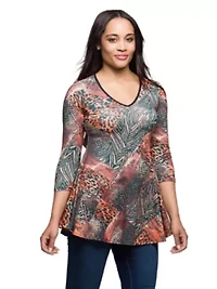 Womens Animal Print V Neck Three Quarter Sleeve Tunic Top