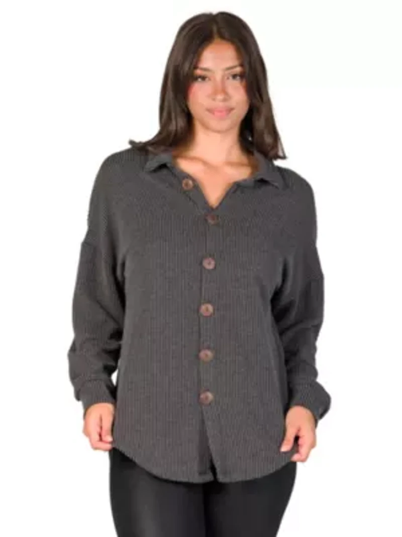 24seven Comfort Apparel Ribbed Button Up Long Sleeve Collared Shirt Jacket