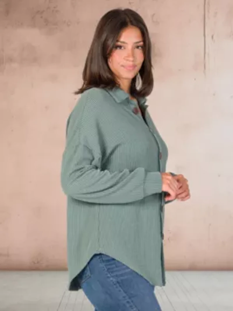 24seven Comfort Apparel Ribbed Button Up Long Sleeve Collared Shirt Jacket