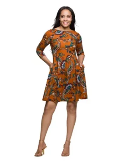 Womens Rust Paisley Print Fit Flare Knee Length Dress