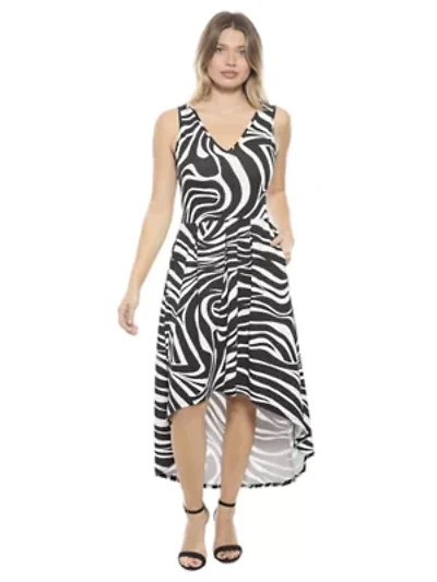 Womens Zebra Sleeveless Fit N Flare High Low Pocket Midi Dress