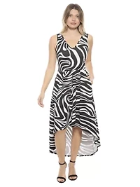 Womens Zebra Sleeveless Fit N Flare High Low Pocket Midi Dress