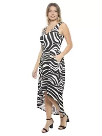 Womens Zebra Sleeveless Fit N Flare High Low Pocket Midi Dress