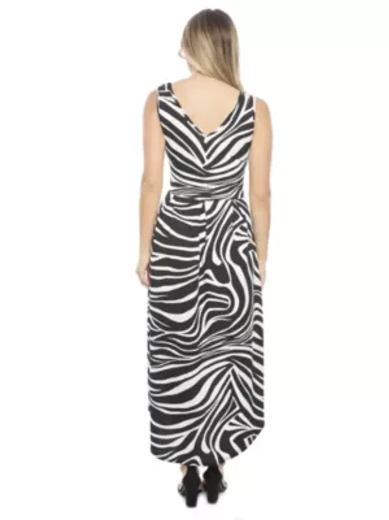 Womens Zebra Sleeveless Fit N Flare High Low Pocket Midi Dress
