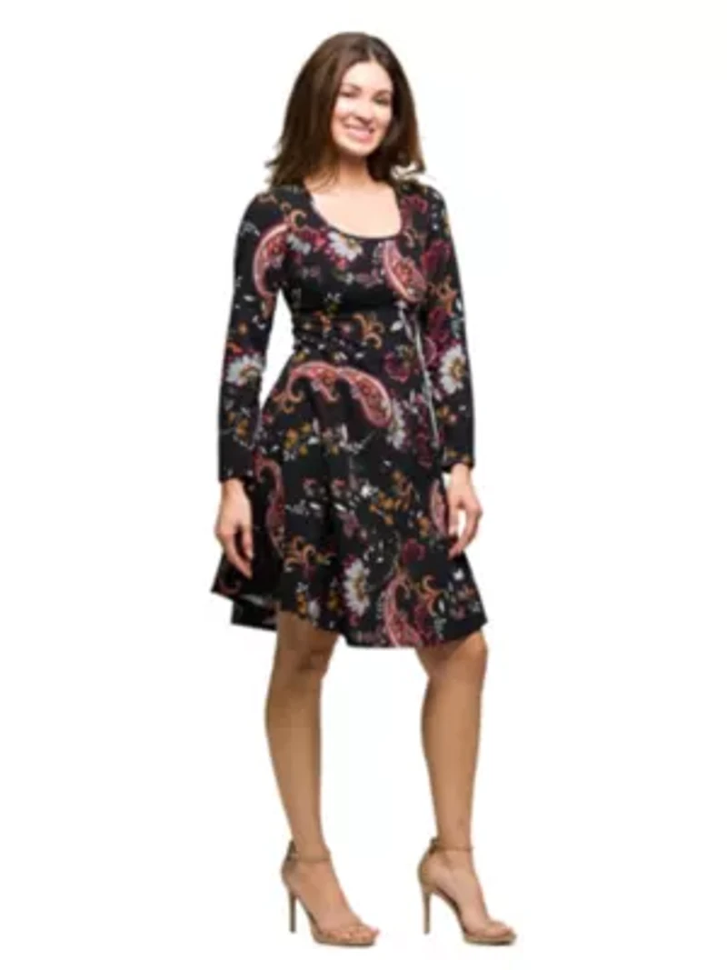 Womens Black Paisley Print Long Sleeve Fit and Flare Dress