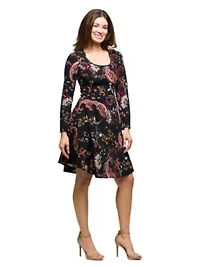 Womens Black Paisley Print Long Sleeve Fit and Flare Dress