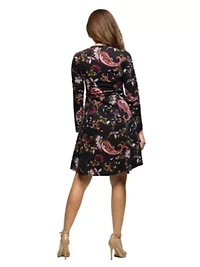 Womens Black Paisley Print Long Sleeve Fit and Flare Dress