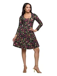 Womens Floral Print Long Sleeve Fit and Flare Mini Dress