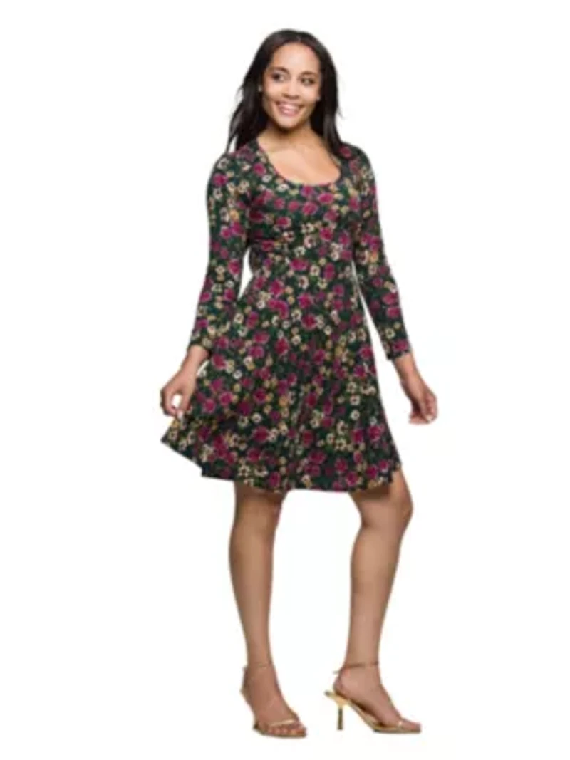 Womens Floral Print Long Sleeve Fit and Flare Mini Dress