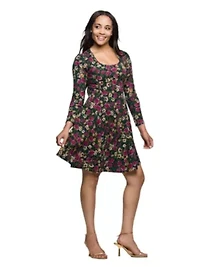 Womens Floral Print Long Sleeve Fit and Flare Mini Dress