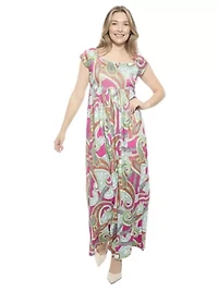 Womens Paisley Square Neck Cap Sleeve Pleated A Line Maxi Dress