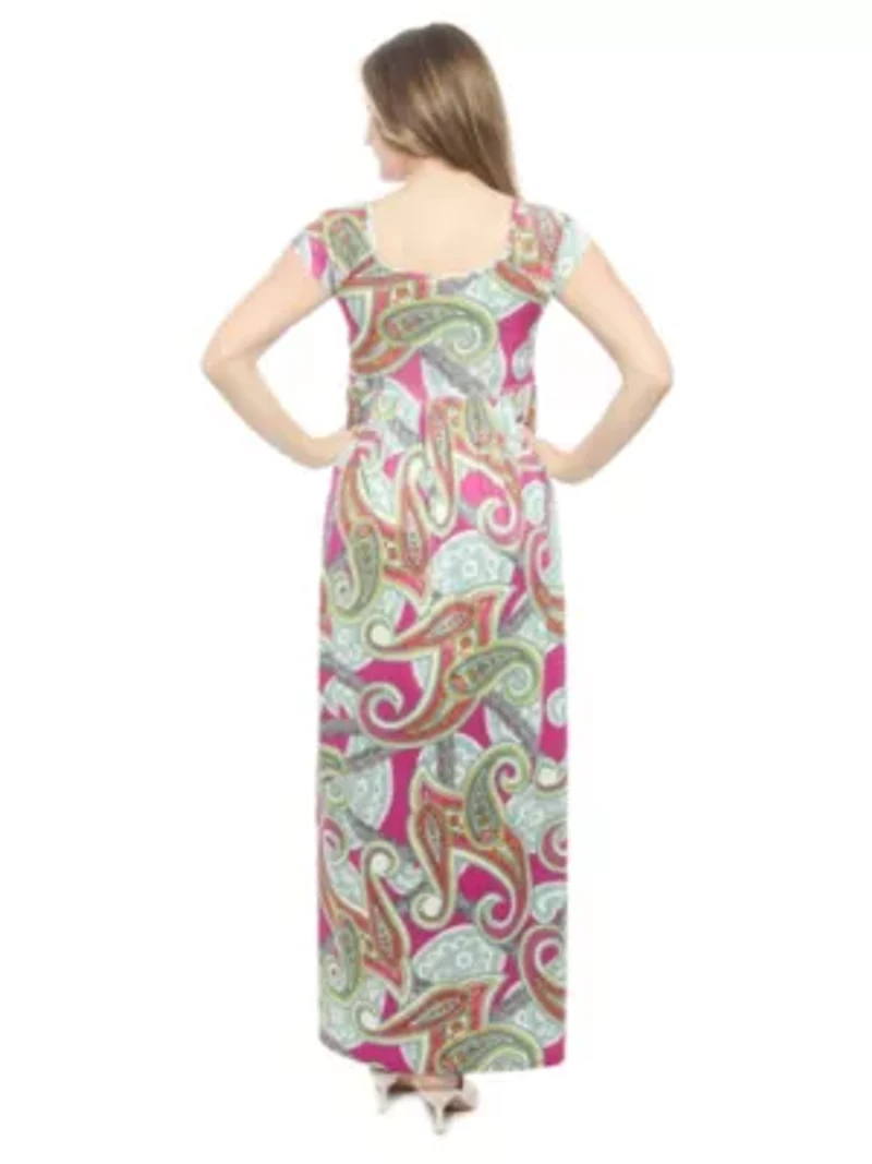 Womens Paisley Square Neck Cap Sleeve Pleated A Line Maxi Dress