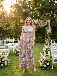 Womens Paisley Square Neck Cap Sleeve Pleated A Line Maxi Dress