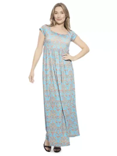 Womens Abstract Square Neck Cap Sleeve Pleated A Line Maxi Dress